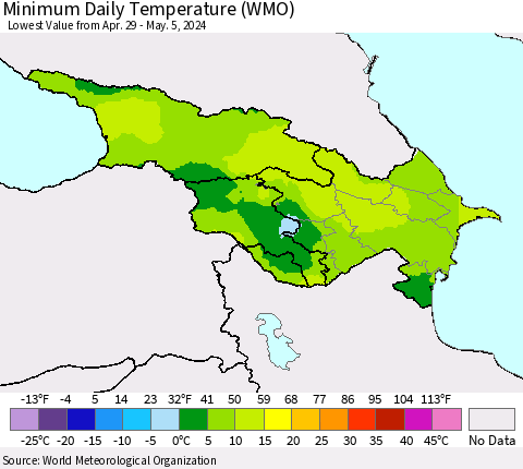 Azerbaijan, Armenia and Georgia Minimum Daily Temperature (WMO) Thematic Map For 4/29/2024 - 5/5/2024