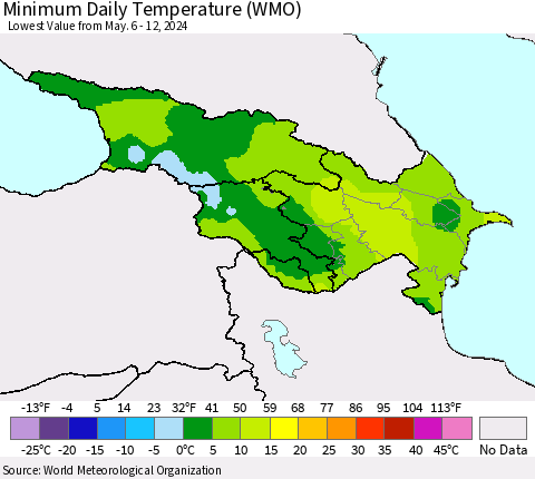 Azerbaijan, Armenia and Georgia Minimum Daily Temperature (WMO) Thematic Map For 5/6/2024 - 5/12/2024