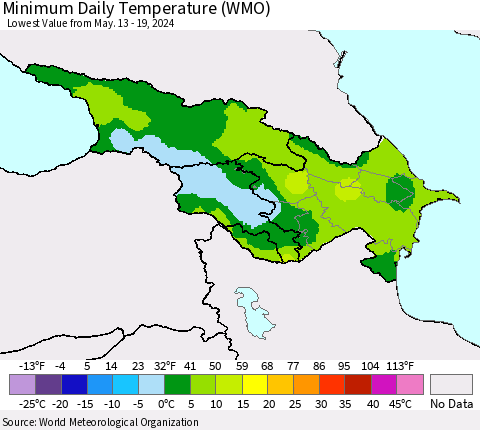 Azerbaijan, Armenia and Georgia Minimum Daily Temperature (WMO) Thematic Map For 5/13/2024 - 5/19/2024