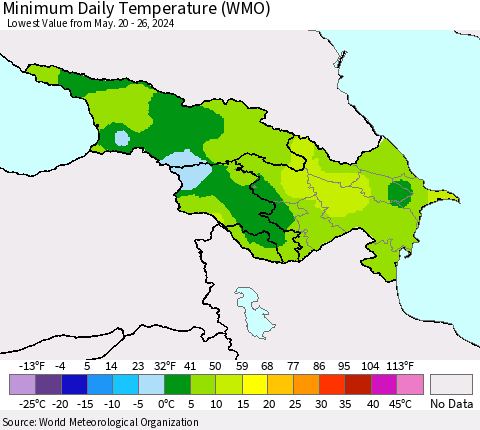 Azerbaijan, Armenia and Georgia Minimum Daily Temperature (WMO) Thematic Map For 5/20/2024 - 5/26/2024
