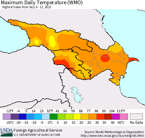 Azerbaijan, Armenia and Georgia Maximum Daily Temperature (WMO) Thematic Map For 9/6/2021 - 9/12/2021