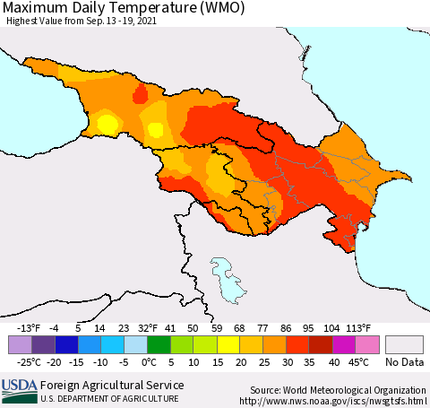 Azerbaijan, Armenia and Georgia Maximum Daily Temperature (WMO) Thematic Map For 9/13/2021 - 9/19/2021