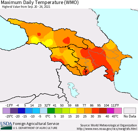 Azerbaijan, Armenia and Georgia Maximum Daily Temperature (WMO) Thematic Map For 9/20/2021 - 9/26/2021