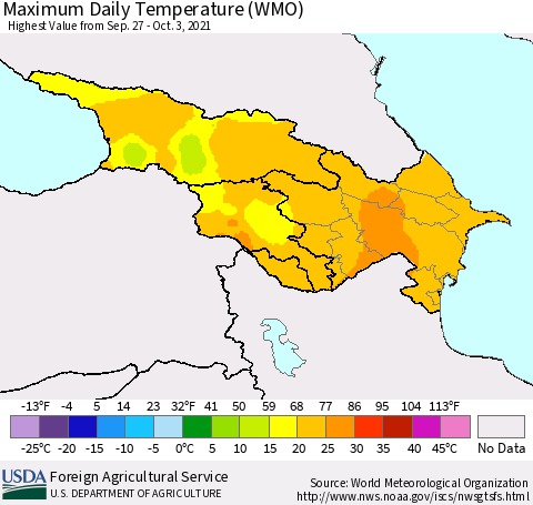 Azerbaijan, Armenia and Georgia Maximum Daily Temperature (WMO) Thematic Map For 9/27/2021 - 10/3/2021