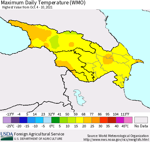 Azerbaijan, Armenia and Georgia Maximum Daily Temperature (WMO) Thematic Map For 10/4/2021 - 10/10/2021