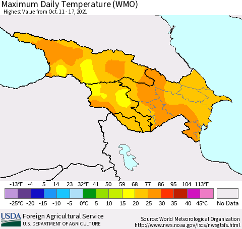 Azerbaijan, Armenia and Georgia Maximum Daily Temperature (WMO) Thematic Map For 10/11/2021 - 10/17/2021