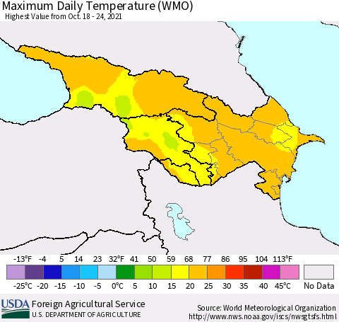 Azerbaijan, Armenia and Georgia Maximum Daily Temperature (WMO) Thematic Map For 10/18/2021 - 10/24/2021