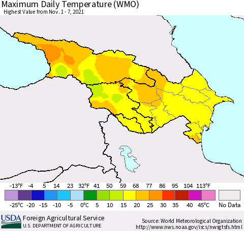 Azerbaijan, Armenia and Georgia Maximum Daily Temperature (WMO) Thematic Map For 11/1/2021 - 11/7/2021