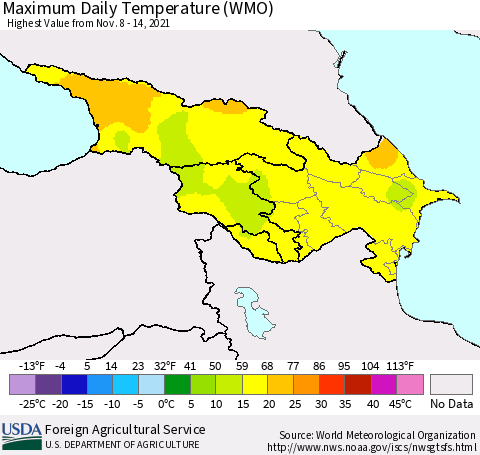Azerbaijan, Armenia and Georgia Maximum Daily Temperature (WMO) Thematic Map For 11/8/2021 - 11/14/2021