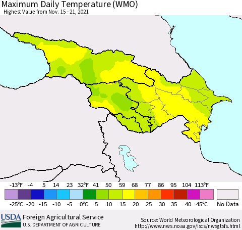 Azerbaijan, Armenia and Georgia Maximum Daily Temperature (WMO) Thematic Map For 11/15/2021 - 11/21/2021