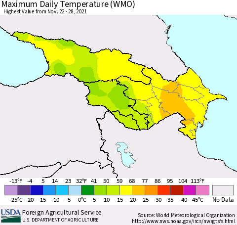 Azerbaijan, Armenia and Georgia Maximum Daily Temperature (WMO) Thematic Map For 11/22/2021 - 11/28/2021