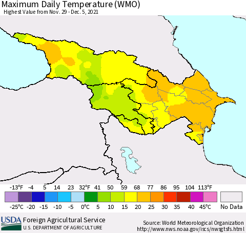 Azerbaijan, Armenia and Georgia Maximum Daily Temperature (WMO) Thematic Map For 11/29/2021 - 12/5/2021