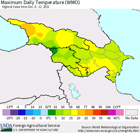 Azerbaijan, Armenia and Georgia Maximum Daily Temperature (WMO) Thematic Map For 12/6/2021 - 12/12/2021