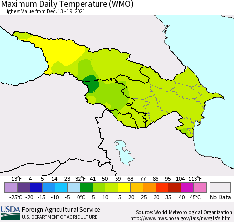 Azerbaijan, Armenia and Georgia Maximum Daily Temperature (WMO) Thematic Map For 12/13/2021 - 12/19/2021