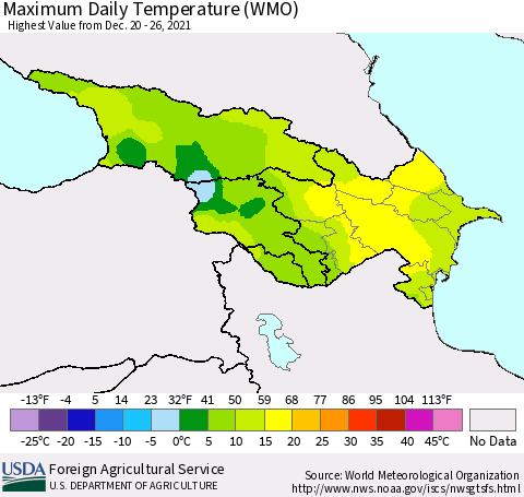 Azerbaijan, Armenia and Georgia Maximum Daily Temperature (WMO) Thematic Map For 12/20/2021 - 12/26/2021