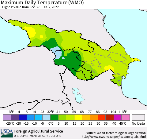 Azerbaijan, Armenia and Georgia Maximum Daily Temperature (WMO) Thematic Map For 12/27/2021 - 1/2/2022