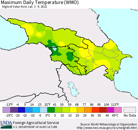 Azerbaijan, Armenia and Georgia Maximum Daily Temperature (WMO) Thematic Map For 1/3/2022 - 1/9/2022