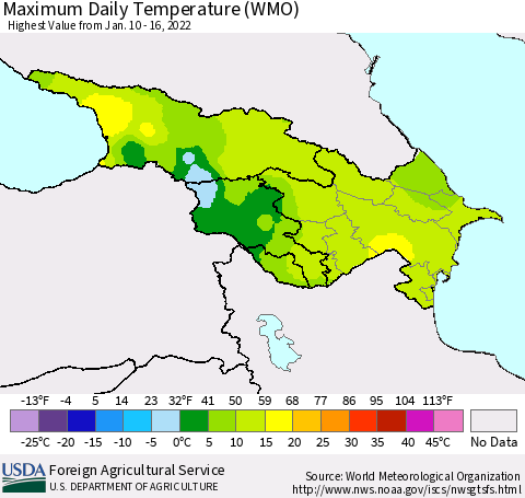 Azerbaijan, Armenia and Georgia Maximum Daily Temperature (WMO) Thematic Map For 1/10/2022 - 1/16/2022