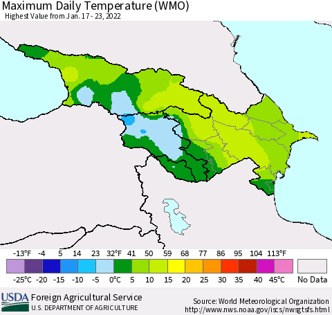 Azerbaijan, Armenia and Georgia Maximum Daily Temperature (WMO) Thematic Map For 1/17/2022 - 1/23/2022