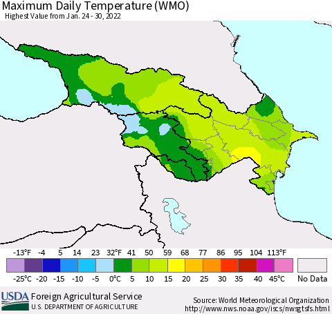 Azerbaijan, Armenia and Georgia Maximum Daily Temperature (WMO) Thematic Map For 1/24/2022 - 1/30/2022
