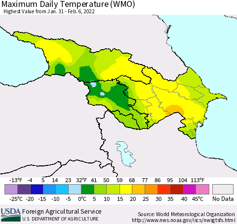 Azerbaijan, Armenia and Georgia Maximum Daily Temperature (WMO) Thematic Map For 1/31/2022 - 2/6/2022