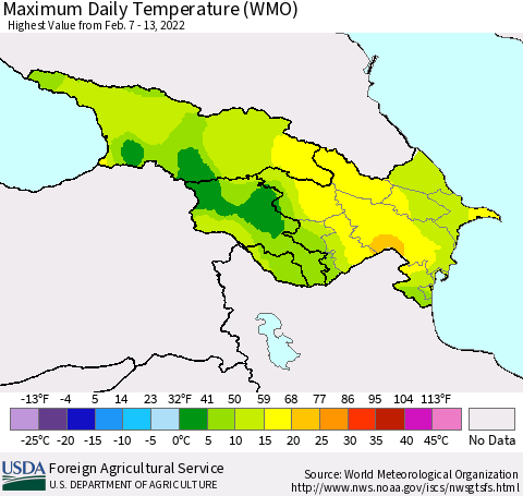 Azerbaijan, Armenia and Georgia Maximum Daily Temperature (WMO) Thematic Map For 2/7/2022 - 2/13/2022