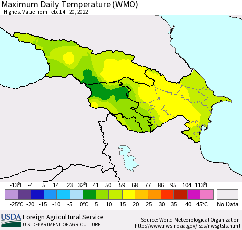 Azerbaijan, Armenia and Georgia Maximum Daily Temperature (WMO) Thematic Map For 2/14/2022 - 2/20/2022