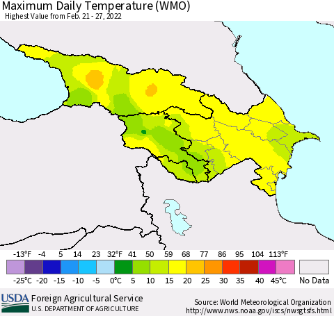 Azerbaijan, Armenia and Georgia Maximum Daily Temperature (WMO) Thematic Map For 2/21/2022 - 2/27/2022