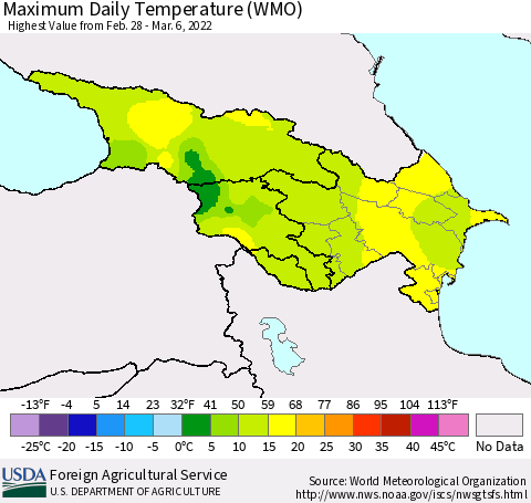 Azerbaijan, Armenia and Georgia Maximum Daily Temperature (WMO) Thematic Map For 2/28/2022 - 3/6/2022