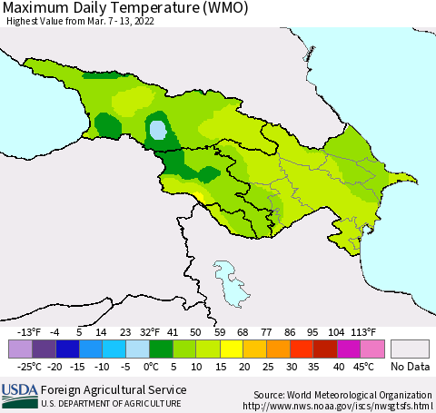 Azerbaijan, Armenia and Georgia Maximum Daily Temperature (WMO) Thematic Map For 3/7/2022 - 3/13/2022