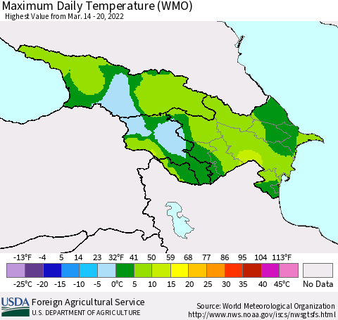 Azerbaijan, Armenia and Georgia Maximum Daily Temperature (WMO) Thematic Map For 3/14/2022 - 3/20/2022