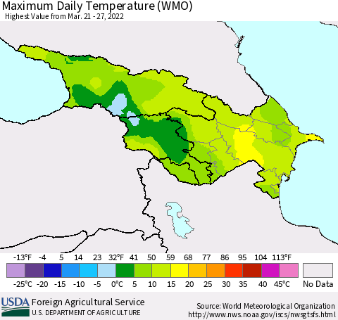 Azerbaijan, Armenia and Georgia Maximum Daily Temperature (WMO) Thematic Map For 3/21/2022 - 3/27/2022