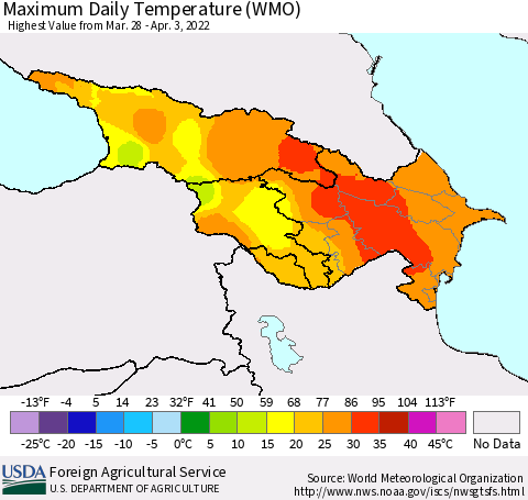 Azerbaijan, Armenia and Georgia Maximum Daily Temperature (WMO) Thematic Map For 3/28/2022 - 4/3/2022
