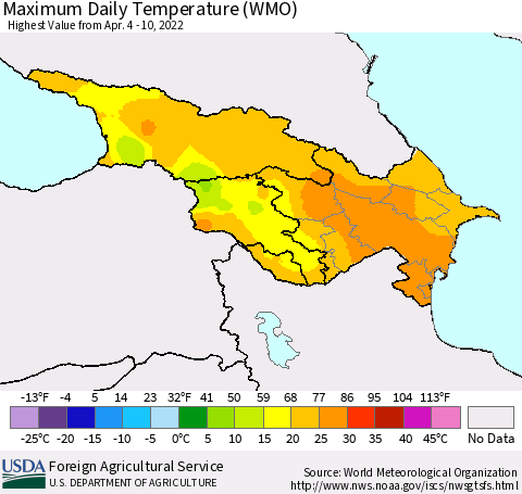 Azerbaijan, Armenia and Georgia Maximum Daily Temperature (WMO) Thematic Map For 4/4/2022 - 4/10/2022