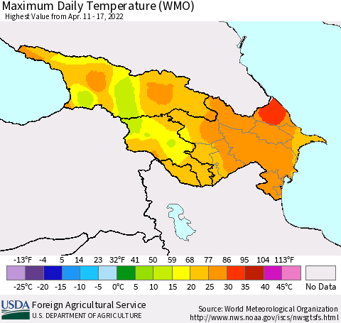 Azerbaijan, Armenia and Georgia Maximum Daily Temperature (WMO) Thematic Map For 4/11/2022 - 4/17/2022