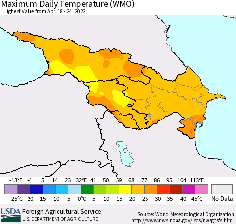 Azerbaijan, Armenia and Georgia Maximum Daily Temperature (WMO) Thematic Map For 4/18/2022 - 4/24/2022