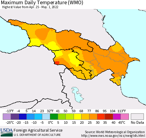 Azerbaijan, Armenia and Georgia Maximum Daily Temperature (WMO) Thematic Map For 4/25/2022 - 5/1/2022
