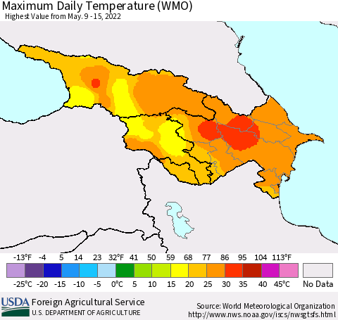 Azerbaijan, Armenia and Georgia Maximum Daily Temperature (WMO) Thematic Map For 5/9/2022 - 5/15/2022