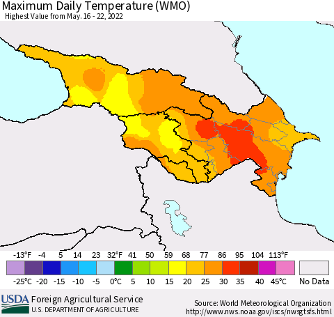 Azerbaijan, Armenia and Georgia Maximum Daily Temperature (WMO) Thematic Map For 5/16/2022 - 5/22/2022
