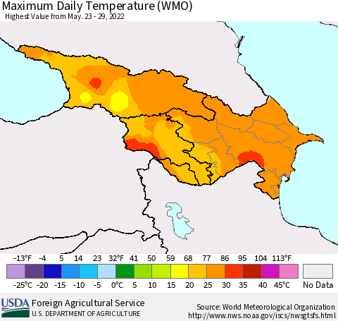 Azerbaijan, Armenia and Georgia Maximum Daily Temperature (WMO) Thematic Map For 5/23/2022 - 5/29/2022