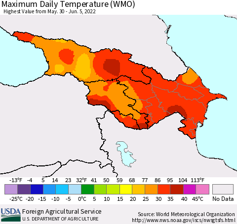 Azerbaijan, Armenia and Georgia Maximum Daily Temperature (WMO) Thematic Map For 5/30/2022 - 6/5/2022