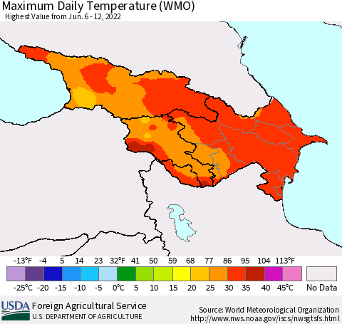 Azerbaijan, Armenia and Georgia Maximum Daily Temperature (WMO) Thematic Map For 6/6/2022 - 6/12/2022