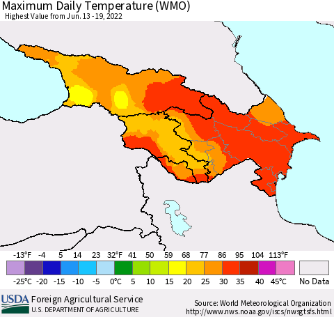 Azerbaijan, Armenia and Georgia Maximum Daily Temperature (WMO) Thematic Map For 6/13/2022 - 6/19/2022