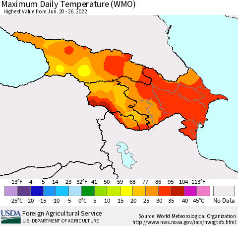 Azerbaijan, Armenia and Georgia Maximum Daily Temperature (WMO) Thematic Map For 6/20/2022 - 6/26/2022