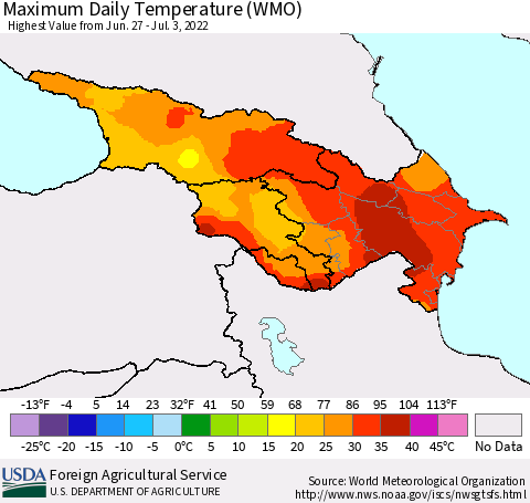 Azerbaijan, Armenia and Georgia Maximum Daily Temperature (WMO) Thematic Map For 6/27/2022 - 7/3/2022