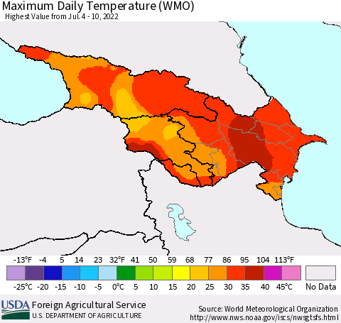Azerbaijan, Armenia and Georgia Maximum Daily Temperature (WMO) Thematic Map For 7/4/2022 - 7/10/2022