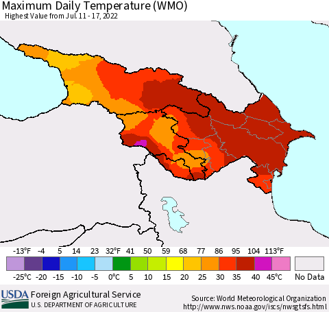Azerbaijan, Armenia and Georgia Maximum Daily Temperature (WMO) Thematic Map For 7/11/2022 - 7/17/2022