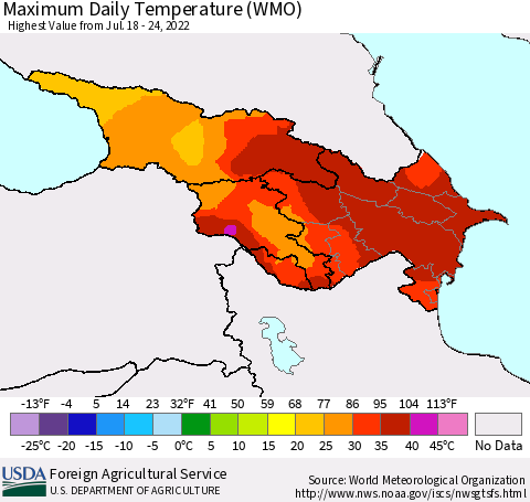 Azerbaijan, Armenia and Georgia Maximum Daily Temperature (WMO) Thematic Map For 7/18/2022 - 7/24/2022