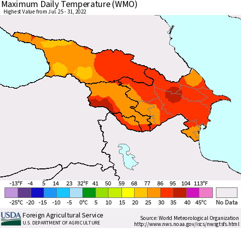 Azerbaijan, Armenia and Georgia Maximum Daily Temperature (WMO) Thematic Map For 7/25/2022 - 7/31/2022