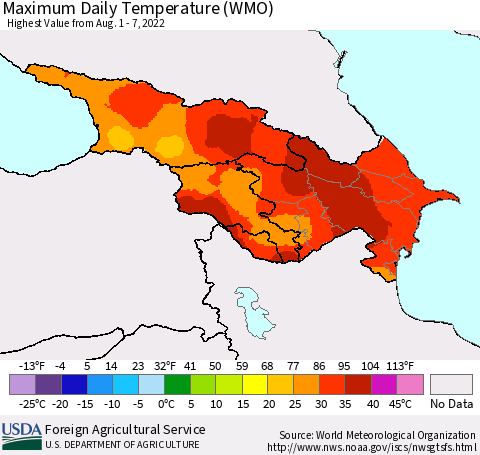 Azerbaijan, Armenia and Georgia Maximum Daily Temperature (WMO) Thematic Map For 8/1/2022 - 8/7/2022